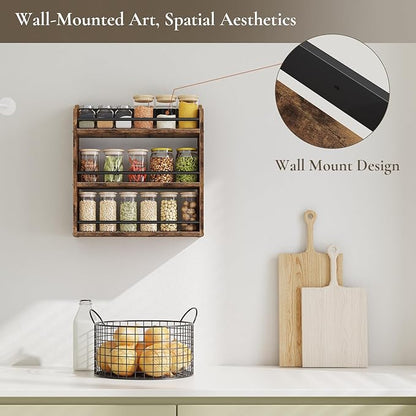 Spice Rack Wall Mounted, Wood 3 Tier Spice Rack for Countertop, Vertical Spice Organizer for Spice Jars and Seasonings, Hanging Spice Shelf for Kitchen Cabinet, or Pantry, Rustic Brown
