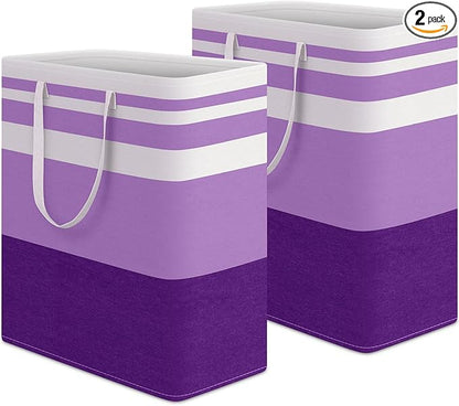 HomeHacks 2 Pack Large Laundry Baskets, Waterproof, Freestanding Laundry Hampers, Collapsible Clothes Hamper with Reinforced Handles in Laundry, College Dorm, Bathroom, Bedroom (Purple, 100Lx2)