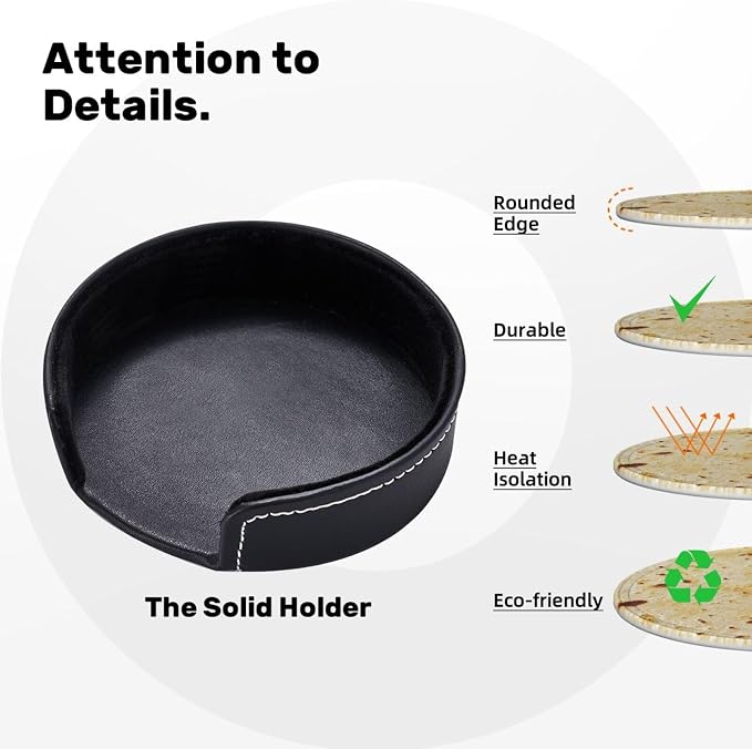 Tortilla Coasters for Drinks Set of 6, Round Leather Coaster
