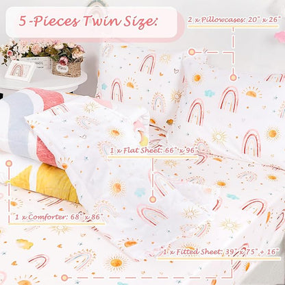 Twin Size Toddler Bedding Set for Girls- 5 Piece Rainbow Toddler Girl Bedding, Super Soft & Lightweight Toddler Comforter Set Includes Comforter, Flat Sheet, Fitted Sheet, Pillowcase (Pink)