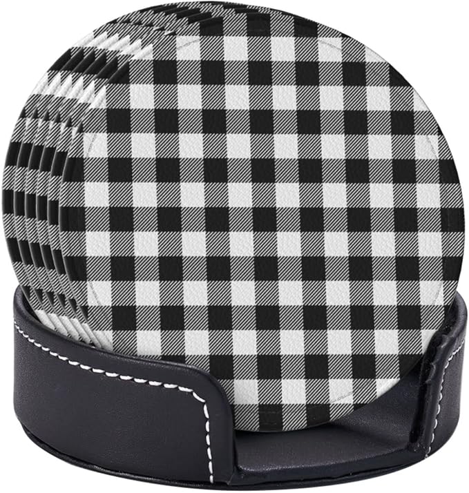 6 Pcs Black White Striped Plaid Leather Coasters