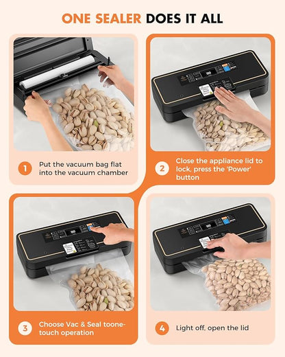 Vacuum Sealer for Food, 95kPa Food Vacuum Saver Sealer Machine, 120W 12L/min Fast-Sealing with Auto Tear-Cut,Digital Timer, Built-in Cutter, Bag Storage and One Bag Roll, 9-in-1 Compact Vacuum Sealer