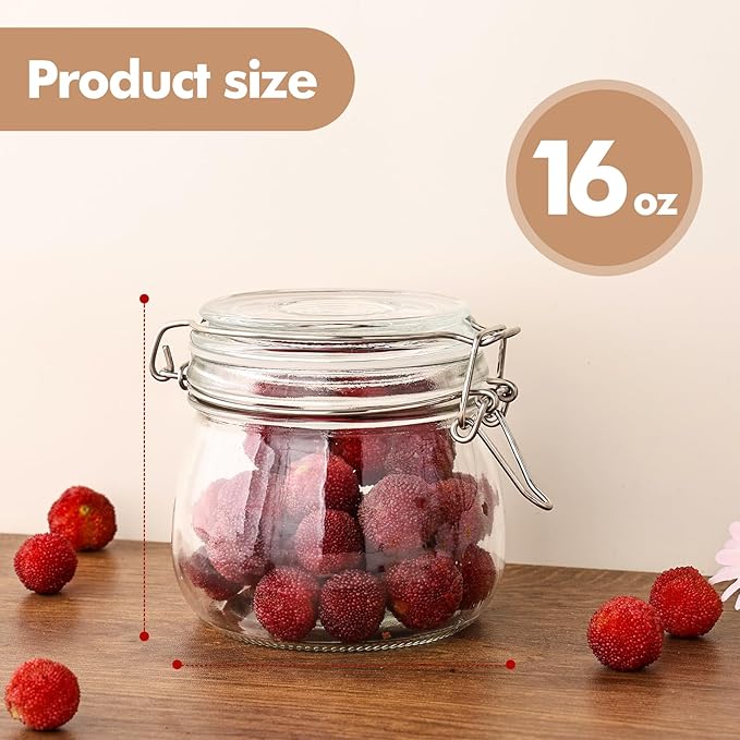 16oz - 6 Pack Round Glass Jars with Airtight Lid, Wide Mouth Mason Jars with Clamp Lids, Air Tight Glass Canisters, Food Storage Containers for Cereal, Pasta, Beans, Sugar, Coffee, Spice
