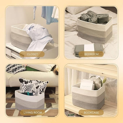 Hopegiver Woven Storage Baskets 15x11x10 Inch, 1 Pack Collapsible Cube Storage Bin for Shelves - Foldable Cotton Rope Organizer Bins for Towels, Toys, Books, Closet, Nursery (White Light-Gray Gray)