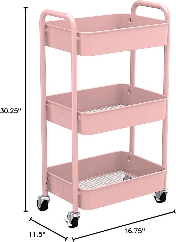 CAXXA 3-Tier Rolling Metal Storage Organizer - Mobile Utility Cart with Caster Wheels, Pink