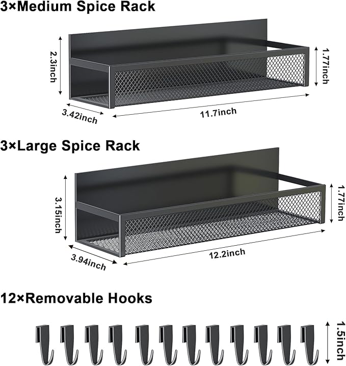 Magnetic Spice Rack for Refrigerator, 6 Pack Magnetic Shelf, Fridge Magnet Organizer with Moveable 12 Hooks, Magnetic Fridge Shelf for Kitchen Organization and Storage (6 Pack)