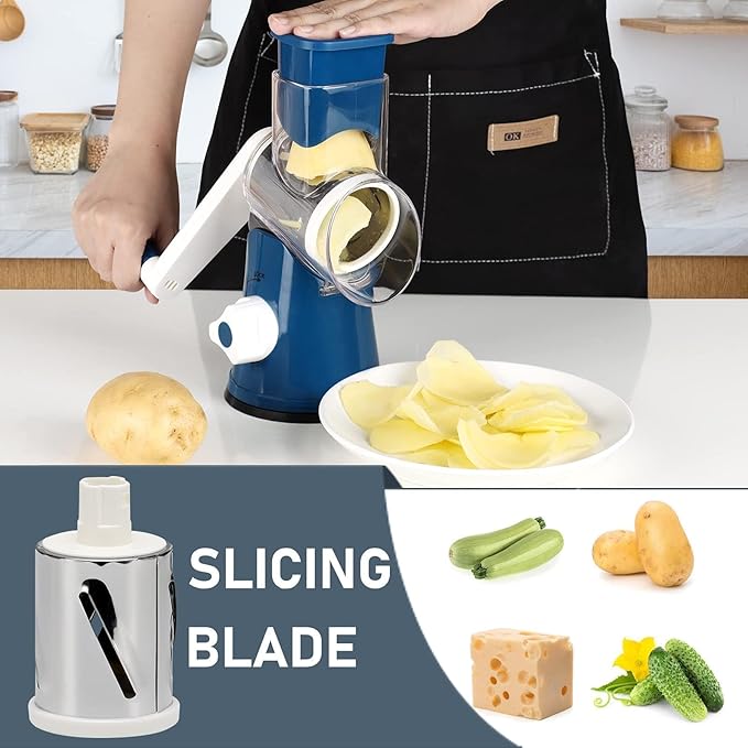 KEOUKE Rotary Cheese Grater Hand Crank Deep Blue - Shredder Slicer Grinder 3 Stainless Steel Blades, Stable Suction, Labor-Saving Handle, Safe Kitchen Tool for Cheese, Vegetable, Nuts, Chocolate