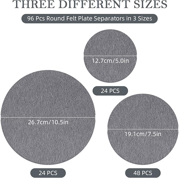 96 Pack Felt Plate Dividers Protectors, Thick Felt Round Plate Separators Pads China Dish Storage Protectors Pads with 3 Sizes for Packing Stacking Porcelain Cookware, Grey