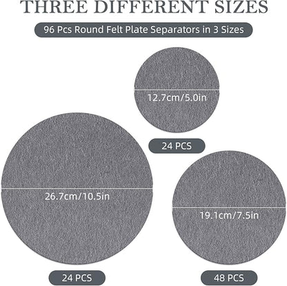 96 Pack Felt Plate Dividers Protectors, Thick Felt Round Plate Separators Pads China Dish Storage Protectors Pads with 3 Sizes for Packing Stacking Porcelain Cookware, Grey