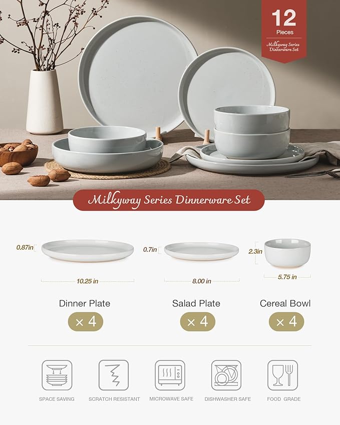 Famiware Milkyway Plates and Bowls Set, 12 Pieces Dinnerware Sets, Dishes Set for 4, Light Gray