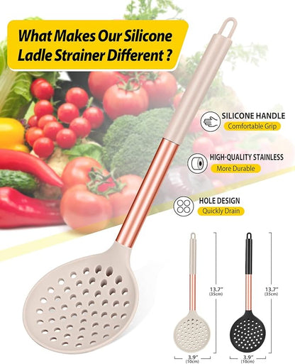 Kitchen Ladle Strainer Set of 2 Large Slotted Spoon with High Heat Resistant BPA Free Non Stick Cooking Skimmers For Draining and Frying