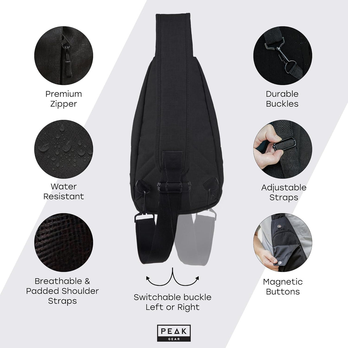 Peak Gear Travel Sling Bag. Compact Crossbody Bag | Lighter and Smaller than a Backpack | Lifetime Lost & Found ID Tag