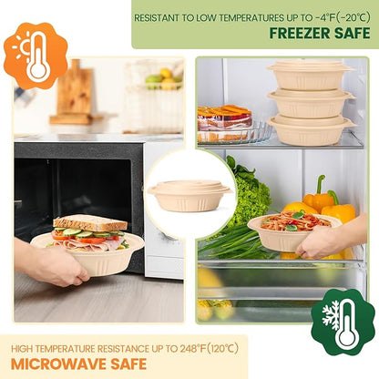 100 Piece (50 Pack) Meal Prep Bowl Containers with Lids, Cornstarch Round Food Containers for Lunch Salad Deli Soup, BPA Free Plant-based Take Out Containers Microwave & Freezer Safe, 16 oz