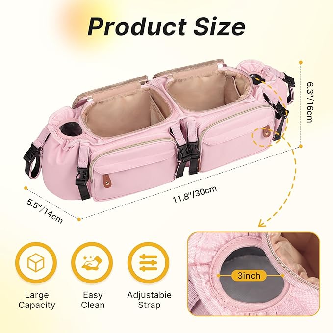 Double Stroller Organizer for Bob Duallie and Baby Jogger City Mini GT2, Double Stroller Caddy Organizers with Cup Holder and 2 Cooler Pockets Parent Console Double Stroller Accessories