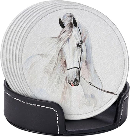 6 Pcs White Horse Animal Leather Coasters