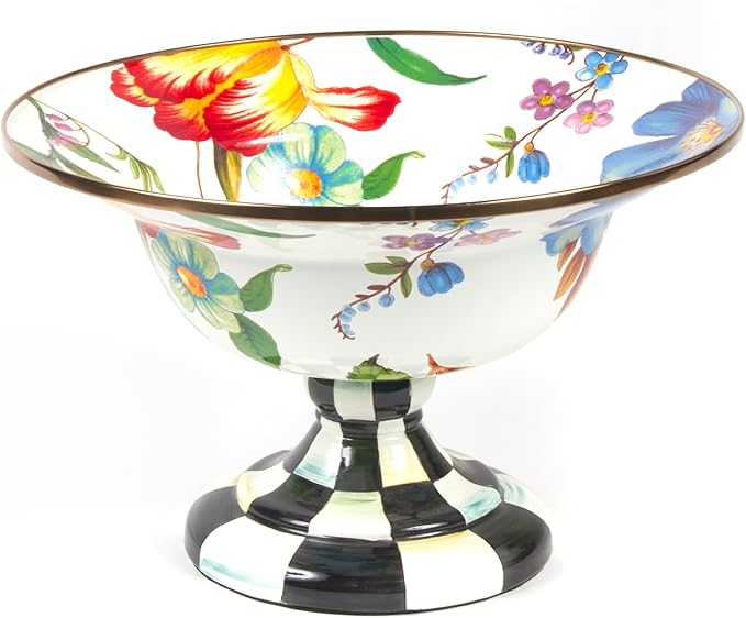 MACKENZIE-CHILDS Enamel Compote, Cute Enamel Pedestal Serving Dish or Decorative Bowl, Large, White Flower Market