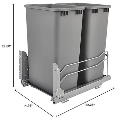 Rev-A-Shelf Double Pullout Trash for Full Height Kitchen Cabinets 50 Quart 12.5 Gallon with Soft-Close Slides, Metallic Silver, 53WC-2150SCDM-217