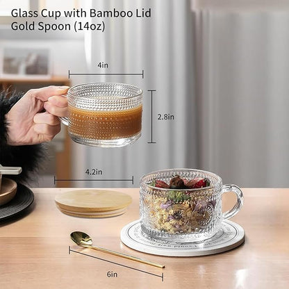 Vintage Glass Coffee Mugs 14 Oz Set of 2 Clear Embossed Tea Cups, Glass Coffee Cups for Cappuccino, Cereal, Yogurt, Latte, Beverage Christmas Thanksgiving Gifts
