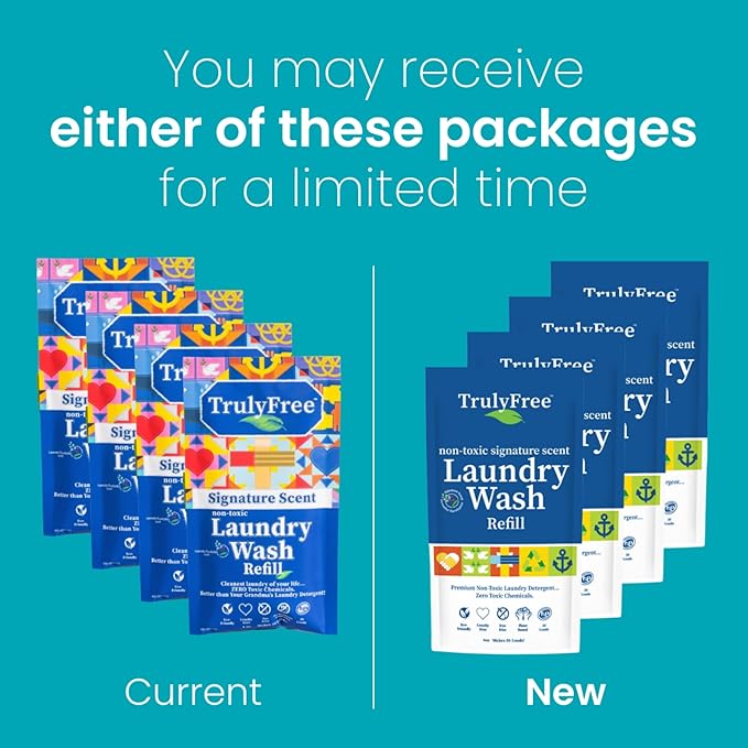 Truly Free Natural Laundry Detergent for Sensitive Skin | Eco Friendly, Plant Based, Baby Clothes Safe | Clean & Easy Powder to Liquid, 4 Pack Refill Detergent, NO Jug | Signature Scent, 200 Loads