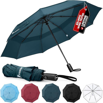 PTEROMY Windproof Compact Travel Umbrellas for Rain and Sun, Withstands 85MPH Winds Auto Open Close Folding Umbrella with Ergonomic Handle, Quick Dry Canopy for Commuting or Backpack