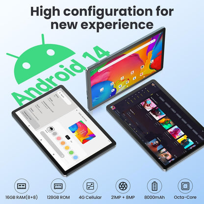 11 Inch Tablet, Android 14 Tablet with Sim Card Slot, 128GB+16GB+1TB Expandable, 2.0Ghz Octa-Core, 8000mAh Battery, Incell Screen, 21+8MP Dual Camera, 5G WiFi, Tableta with Keyboard/Mouse/Case, Gray