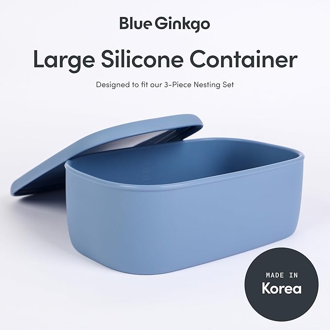 BLUE GINKGO Nesting Silicone Containers - Large Silicone Food Storage Container | BPA Free, Airtight, Dishwasher and Freezer Safe (47.5 oz) - Blue