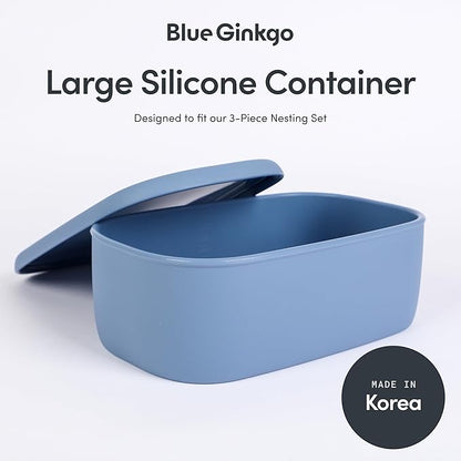 BLUE GINKGO Nesting Silicone Containers - Large Silicone Food Storage Container | BPA Free, Airtight, Dishwasher and Freezer Safe (47.5 oz) - Blue