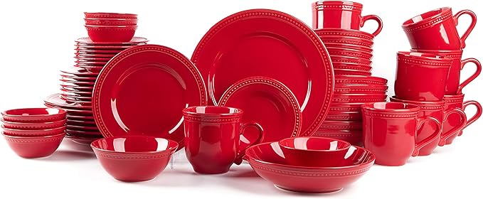 Pearl Dots Stoneware Dinnerware Set (56pc Set, Red)