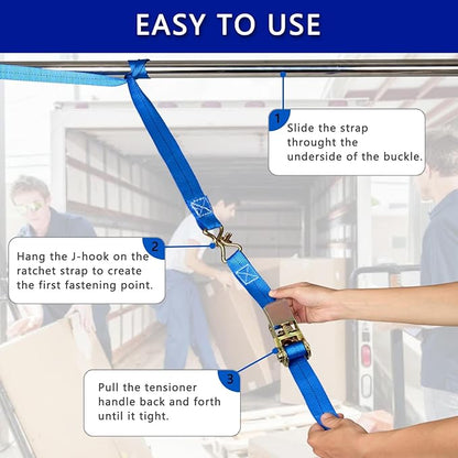 Ratchet Straps (4-Pack), 1 Inch x 16.4 Feet (2200lb Break Strength) with Sturdy Metal Hooks, 1x Work Gloves, Heavy Duty Tie Down Straps for Truck, Cargo Trailer, Motorcycle, Luggage, Moving (Blue)