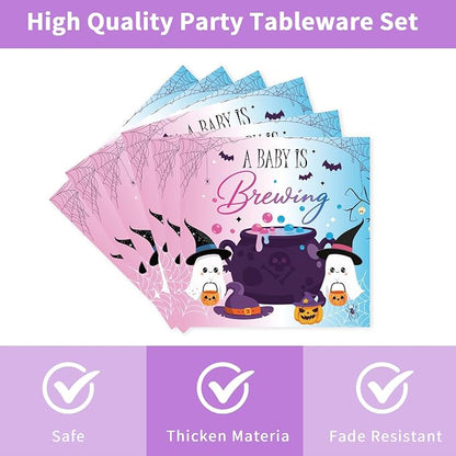 96 Pcs Halloween Gender Reveal Decorations, Baby Is Brewing Tableware Set |