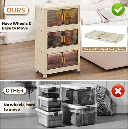 3 Tier Stackable Plastic Storage Bins with Lids 48QT, Collapsible Closet Organizers and Storage with Wheels for Living Room,Office,Dorm