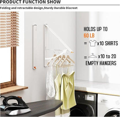 Clothes Drying Rack for Laundry Drying Rack Wall Mounted Clothes Hanger Rack Retractable Laundry Hanger Dryer Rack Space Saving Closet Organizer Aluminium (White)