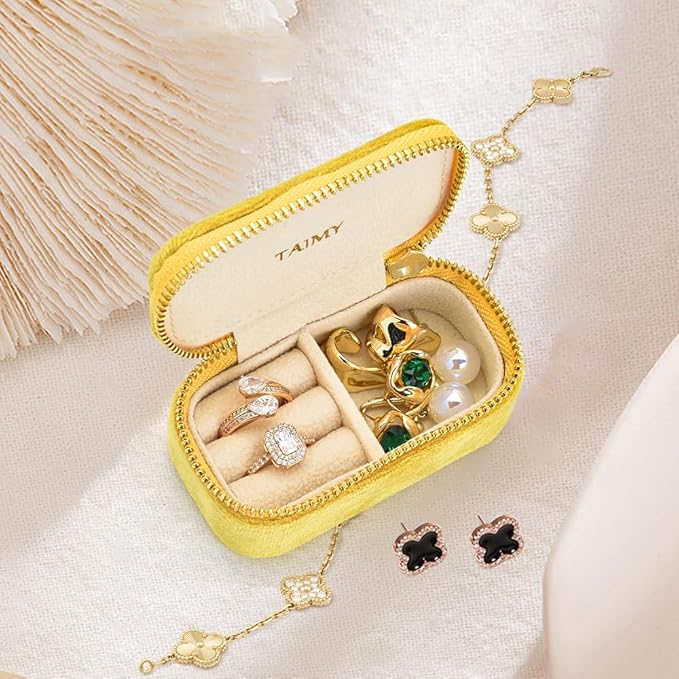 Small Travel Jewelry Case, Mini Tiny Plush Velvet Jewelry Box for Women and Girls, Pocket Size Jewelry holder organizer for Rings Earrings and Small Items(Yellow)