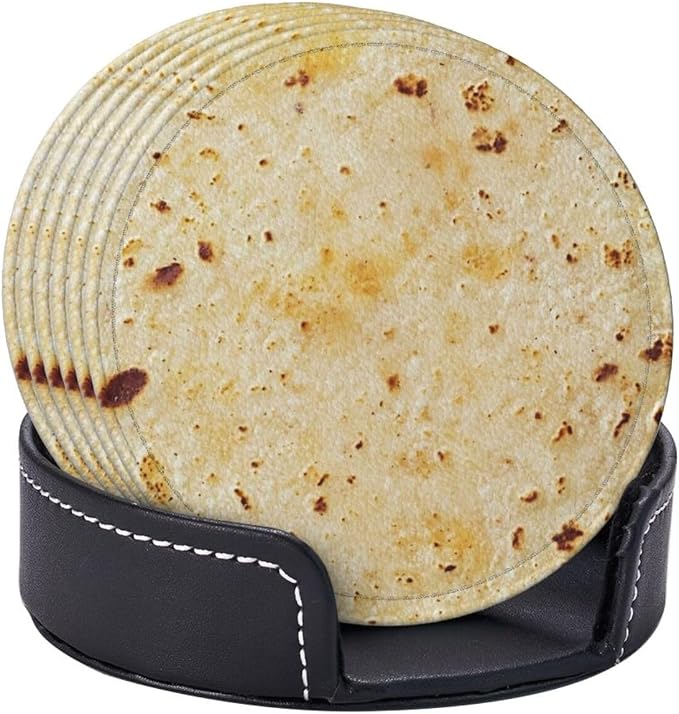 Tortilla Coasters for Drinks Set of 6, Round Leather Coaster