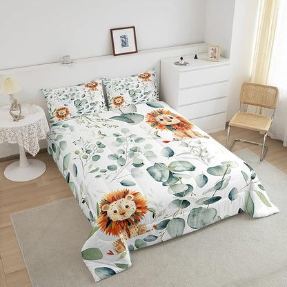 Erosebridal Cute Lion Queen Bedding Sets for Kids Child Green Eucalyptus Comforter Set, Woodland Animal Down Comforter Botanical Plant Leaves Bedding Comforter Sets, Cartoon Wildlife Duvet Insert