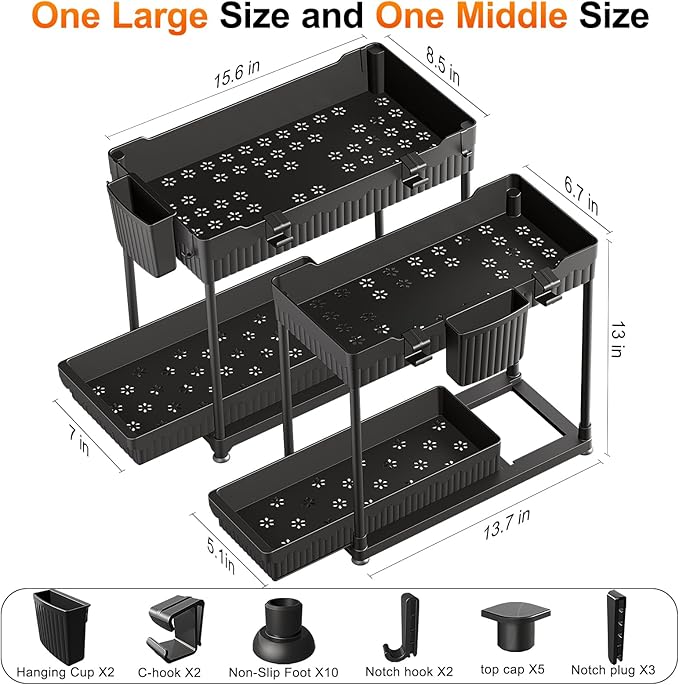 Under Sink Organizer, Bathroom Organizers and Storage, 2 Tier Multi-Use Pull Out Cabinet Organizer with Hang Hooks and Cups (Black, 2 Pack)