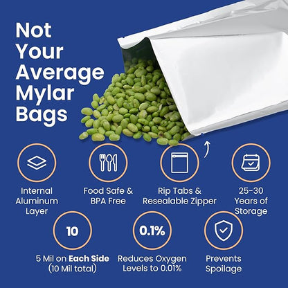 Wallaby 30 Count 1-Gallon Mylar Bags with 400cc Oxygen Absorbers, 10 Mil Total Thickness Long-Term Food Storage Pouches, 10x14 Heat-Sealable Airtight Packaging - Silver