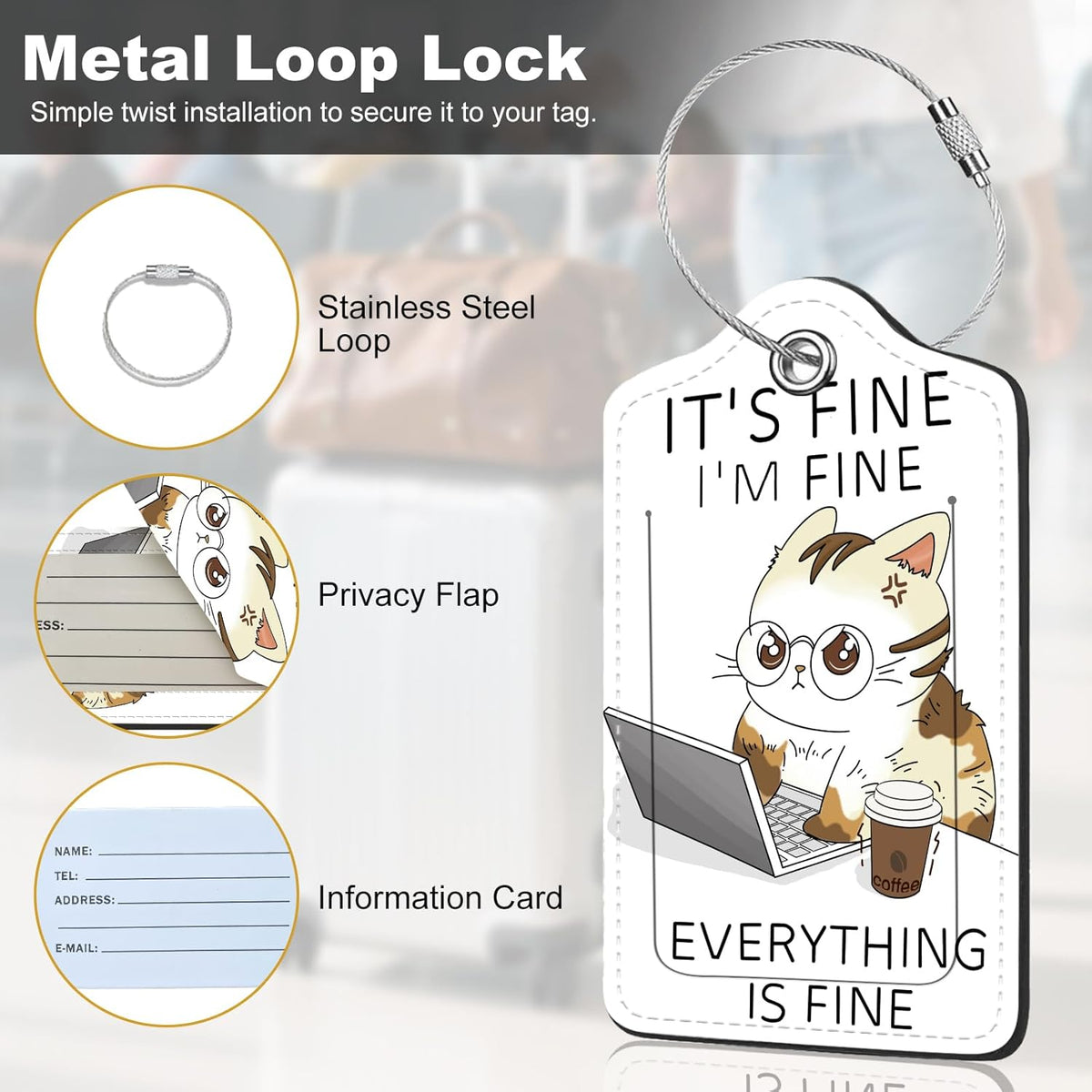 2Pack Luggage Tags for Suitcases, Cute Unique Pu Leather Cruise Luggage Tag with Privacy Cover ID Label Address Card and Metal Ring Suitable for Women Men Kids Girls Travel Bag Tag Angry Cat