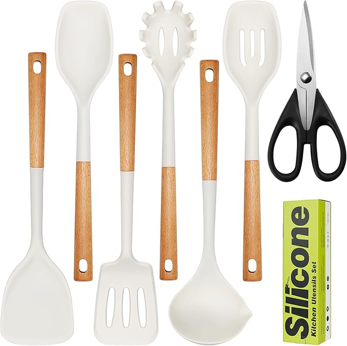 Large Silicone Cooking Utensils Set 7 Pcs, Wooden Handles Heat Resistant Spatula Set, Food Grade Silicone Kitchen Utensils Set with Holder, Gadgets BPA Free for Non-Stick Cookware