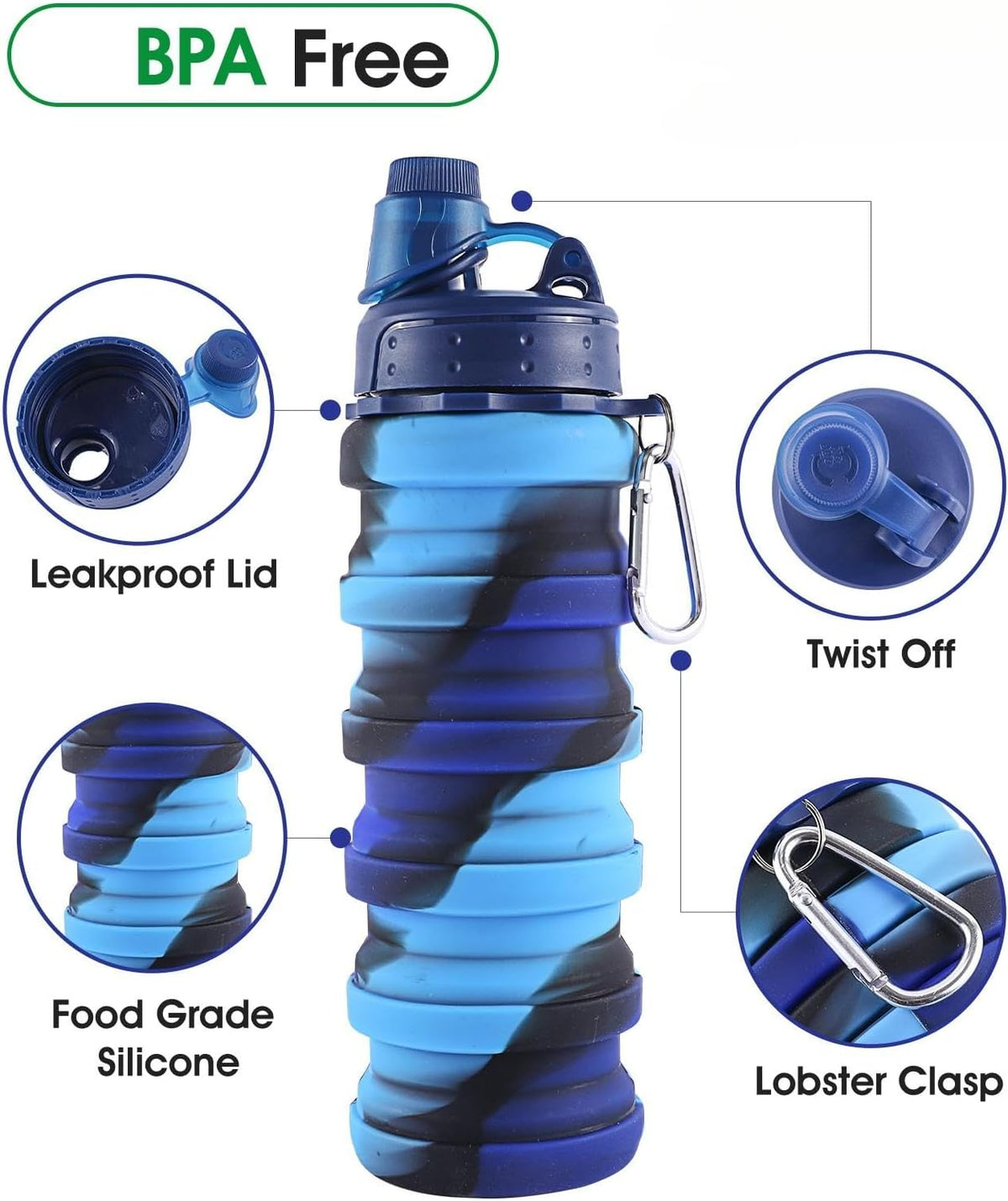 Collapsible Water Bottles for Travel, Foldable Sports Water Bottle for Kids, Reusable Water-proof Silicone Water Bottles with mountaineering Buckle for Camping Hiking Holiday