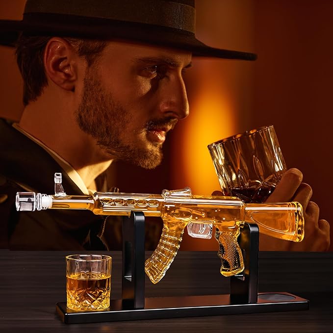 Whiskey Decanter AK47 Set with 2 Whiskey Glasses, Gifts for Men Dad Stocking Stuffers, Unique Christmas Anniversary Birthday Gift for Him Husband, Cool Presents liquor dispenser for Home Bar
