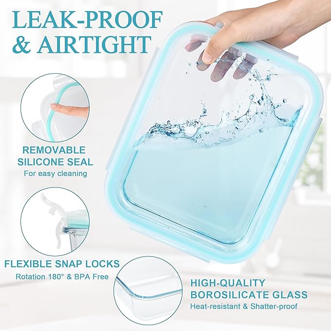 GEHE 9.8 Cup / 78 Oz Large Glass Food Storage Containers with Lids, 2 Pack Glass Meal Prep Containers Set with Airtight Locking Lids - Storing Food, Baking, Leakproof, Freezer, Microwave & Oven Safe
