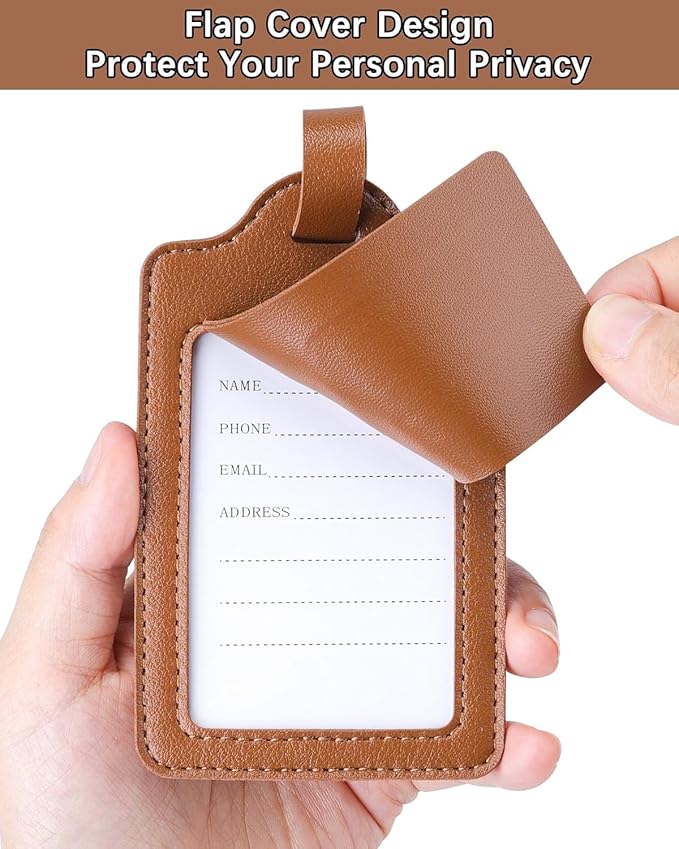 Teskyer Luggage Tags for Suitcases, TSA Approved with Privacy Protection Cover, Premium Faux Leather Bag Tags for Travel - 4 Pack, Brown