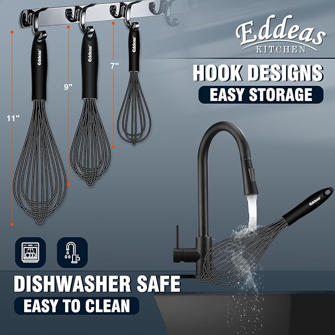 Whisks For Cooking - 500 °F Heat Resistant Silicone Whisk, Heavy Duty 7",9"&11inch Non-Scratch Balloon Kitchen Wisk tool Set, for cooking Wisking, Blending, Beating, Stirring, 3 Piece Black