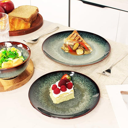 Dinner Set 12 Pieces - Round Reactive Glaze Tableware - Kitchen Dinnerware Porcelain Crockery with Dinner Plate, Bowl and Soup Plate Service for 4, Microwave Dishwasher Safe, Set (No.2)