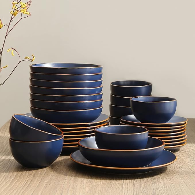 Stone Lain Brasa Modern Stoneware 32 Piece Dinnerware Sets, Plates and bowls Sets, Dish Set for 8, Blue