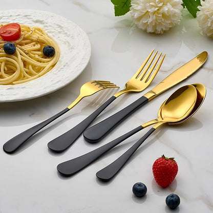 20-Piece Gold Silverware Set 18/0 Stainless Steel Flatware Black Handle Cutlery Set Service for 4 Dinner Knives Forks Spoons Set Mirror Finish Dishwasher Safe