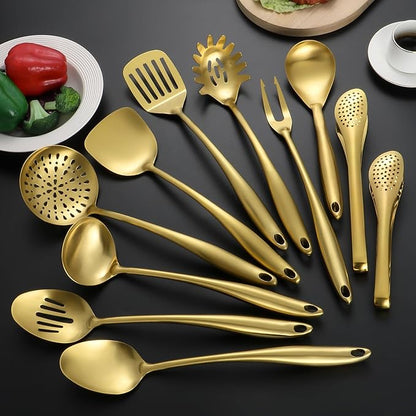 304 Stainless Steel Matte Kitchen Utensils Set, 11 Pcs Long Metal Cooking Utensils Set, Gold Cooking Utensils Set, Dishwasher Safe