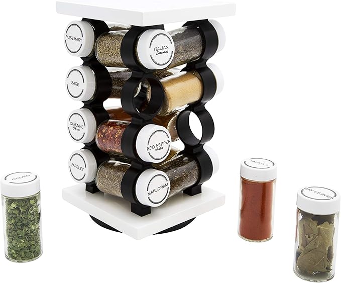 Orii Spice Rack 16 Jar Set White Filled with Spices - Rotating Standing Rack Shelf Holder & Countertop Spice Rack Tower Organizer for Kitchen Spices