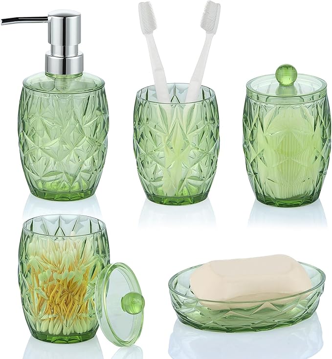 Modern Shatterproof Acrylic Olive Green Bathroom Accessories Set – 5-Piece Glass-Free Vanity Set with Soap Dispenser, Toothbrush/Makeup Brush Holder, 2 Cotton Jars with Lids, and Soap Dish
